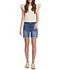 Color:Ivory - Image 3 - Ribbed Knit Crew Neck Contrasting Poplin Ruffled Short Sleeve Top