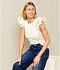 Color:Ivory - Image 5 - Ribbed Knit Crew Neck Contrasting Poplin Ruffled Short Sleeve Top