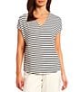 Color:Black/Ivory - Image 1 - Stripe Print Short Sleeve V-Neck Knit Shirt