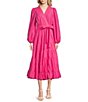 Color:Lipstick Pink - Image 1 - Tiered Long Sleeve Tie Waist Wrap Midi Dress
