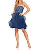 Color:Navy - Image 1 - Strapless Pattern Sequin Tulle Skirt Fit-And-Flare Dress