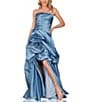 Color:Slate - Image 1 - Strapless Ruched Bodice Taffeta Ruffle High-Low Ball Gown