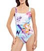 Color:Multi - Image 1 - La Vie Est Belle Floral Print Square Neck Tummy Control One Piece Swimsuit