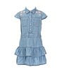 Color:Dark Blue - Image 1 - Little Girl's 2T-7 Cap Sleeve Embroidered Ruffle Denim Dress