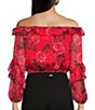 Color:Call Me Cherry Print - Image 2 - Shani Floral Print Off-The-Shoulder Long Sleeve Ruffle Crop Top