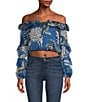 Color:Blue - Image 1 - Shani Large Floral Print Off-The-Shoulder Long Sleeve Ruffle Crop Top