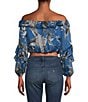 Color:Blue - Image 2 - Shani Large Floral Print Off-The-Shoulder Long Sleeve Ruffle Crop Top