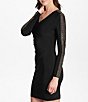 Color:Black - Image 3 - V-Neck Stretch Matte Jersey Embellished Long Sleeve V-Neck Ruched Waist Sheath Dress