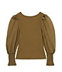 Color:Olive - Image 2 - Big Girls 7-16 Long Pleated Puff Sleeve Knit Top