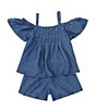 Color:Indigo - Image 1 - Little Girls 2T-6 Cold-Shoulder Rosette-Appliqued Top & Matching Shorts Set