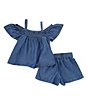 Color:Indigo - Image 2 - Little Girls 2T-6 Cold-Shoulder Rosette-Appliqued Top & Matching Shorts Set