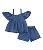 Color:Indigo - Image 3 - Little Girls 2T-6 Cold-Shoulder Rosette-Appliqued Top & Matching Shorts Set