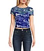 Color:Navy/White - Image 1 - Printed Mesh Short Sleeve Top