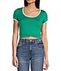 Color:Green - Image 1 - Scoop Neck Short Sleeve Cropped Criss Cross Front Trim Athletic Top