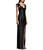 Color:Black - Image 3 - Feather Shoulder Trim Faux Wrap Front Slit Long Dress