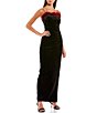 Color:Black/Wine - Image 1 - Feather Trim Square Neck Long Dress