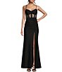 Color:Black - Image 1 - Illusion Corset Shirred Side Slit Long Dress