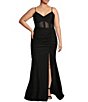 Color:Black - Image 1 - Plus Size V-Neck Shirred Front Slit Long Dress