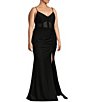Color:Black - Image 3 - Plus Size V-Neck Shirred Front Slit Long Dress