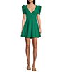Color:Jade - Image 1 - Short Puff Sleeve V-Neck A-Line Dress