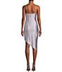 Color:Lavander/Silver - Image 2 - Spaghetti Strap Asymmetrical Hem Faux-Wrap Shimmery Stretch Satin Dress