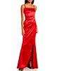 Color:Red - Image 1 - Spaghetti-Strap Square-Neck Faux-Wrap Slit Hem Stretch Satin Long Dress
