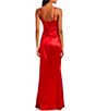 Color:Red - Image 2 - Spaghetti-Strap Square-Neck Faux-Wrap Slit Hem Stretch Satin Long Dress