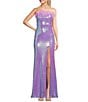 Color:Lilac - Image 1 - Strapless Sequin Feather Trim Front Slit Long Dress