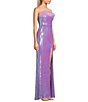 Color:Lilac - Image 3 - Strapless Sequin Feather Trim Front Slit Long Dress
