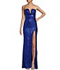 Color:Royal - Image 1 - Strapless Sequin Front Slit Lace-Up Back Long Dress