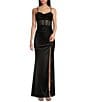 Color:Black - Image 1 - Sweetheart Drape Neck Illusion Mesh Corset Front Slit Long Dress