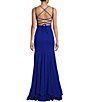 Color:Cobalt - Image 2 - V-Neck Lace-Up Back Front Slit Long Dress