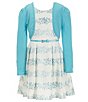 Color:Aqua - Image 1 - Big Girls 7-16 Long Sleeve Cardigan Sleeveless Print Skater Belted Dress 2-Piece Set