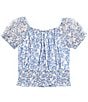 Color:Blue - Image 1 - Big Girls 7-16 Puff-Sleeve Floral Printed Lace Peasant Top