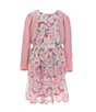 Color:Pink - Image 1 - Little Girls 4-6X Long Sleeve Knit Shrug & Sleeveless Floral Border-Printed Chiffon Fit & Flare Dress Set