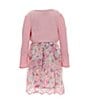 Color:Pink - Image 2 - Little Girls 4-6X Long Sleeve Knit Shrug & Sleeveless Floral Border-Printed Chiffon Fit & Flare Dress Set