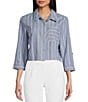 Color:Chambray/White - Image 1 - 3/4 Roll Tab Sleeve Stripe Button-Up Top