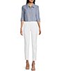 Color:Chambray/White - Image 3 - 3/4 Roll Tab Sleeve Stripe Button-Up Top