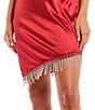 Color:Red - Image 3 - Cowl Neck Asymmetrical Hem Fringe Trim Dress