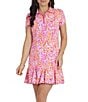Color:Hot Pink/Candy Pink - Image 1 - Naomi Dotted Print Short Sleeve Half Zip Point Collar Godet A-Line Mini Dress