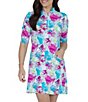 Color:Hot Pink Multi - Image 1 - Paddy Floral Printed Ruched Elbow Length Sleeve Zip Mock Neck Dress