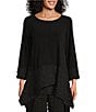 Color:Black - Image 1 - Double Textured Puckered Ity Knit Scoop Neck 3/4 Sleeve Asymmetrical Coordinating Tunic