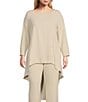 Color:Oatmeal - Image 1 - Plus Size Crinkled Woven Boat Neck 3/4 Sleeve Coordinating High-Low Hem Tunic