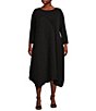 Color:Black - Image 1 - Plus Size Double Textured Puckered Ity Knit Crew Neck 3/4 Sleeve A-Line Asymmetrical Hem Midi Dress
