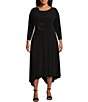 Color:Black - Image 1 - Plus Size Knit Round Neck 3/4 Sleeve A-Line Asymmetrical Hem Midi Dress
