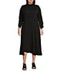 Color:Black - Image 1 - Plus Size Textured Bubble Check Pucker Woven Mock Neck 3/4 Sleeve Asymmetrical Hem Pocketed Sheath Midi Dress