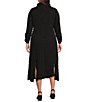 Color:Black - Image 2 - Plus Size Textured Bubble Check Pucker Woven Mock Neck 3/4 Sleeve Asymmetrical Hem Pocketed Sheath Midi Dress