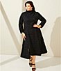 Color:Black - Image 4 - Plus Size Textured Bubble Check Pucker Woven Mock Neck 3/4 Sleeve Asymmetrical Hem Pocketed Sheath Midi Dress