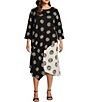 Color:Black - Image 1 - Plus Size Woven Dot Mixed Print Crew Neck 3/4 Sleeve Asymmetrical Hem Dress