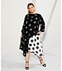 Color:Black - Image 3 - Plus Size Woven Dot Mixed Print Crew Neck 3/4 Sleeve Asymmetrical Hem Dress